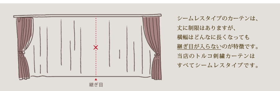 シームレスタイプのカーテンは、丈に制限がありますが、横幅はどんなに長くなっても継ぎ目が入らないのが特徴です。当店のトルコ刺繍カーテンは全てシームレスタイプです。