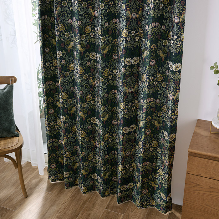 小鳥や草花のモチーフをジャガード織で表現した1級遮光カーテン フォーゲル（D-1193）