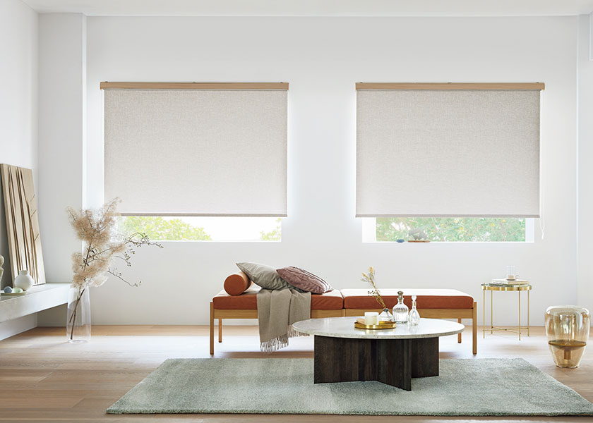 穏やかな光に包まれるやさしいリビングに「ロールスクリーン　ラルクシールド（ランバル）」の利用例の写真