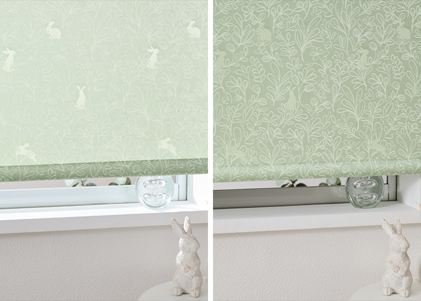 可愛らしいうさぎの姿が光で見え隠れする「ロールスクリーン ラルクシールド(ラビ)」の利用例の写真