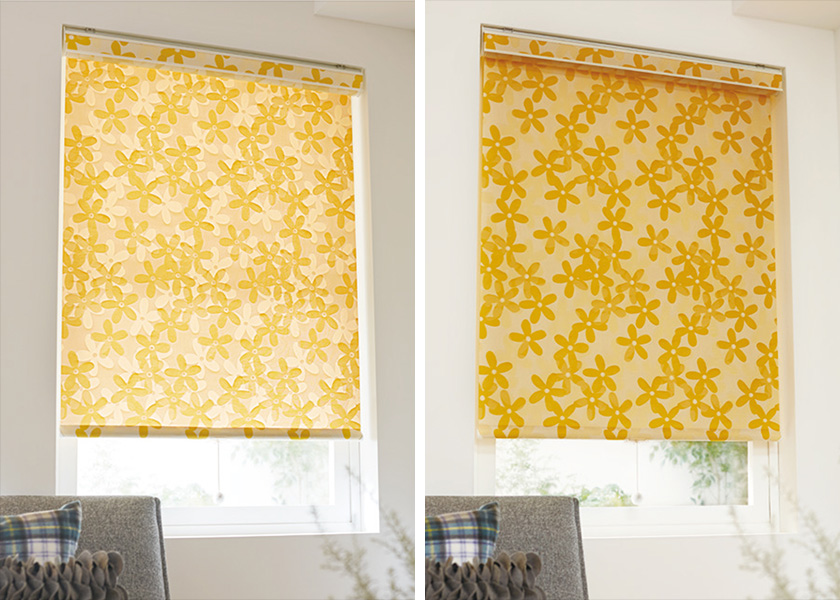 窓からの光によって変化する柄の「ロールスクリーン ラルクシールド(リズム)」の利用例の写真