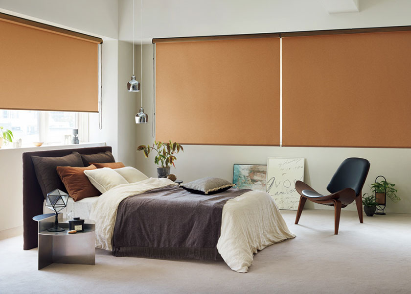 落ち着いて過ごしたい寝室におすすめの「ロールスクリーン ラルクシールド(ビブレ遮光)」の利用例の写真