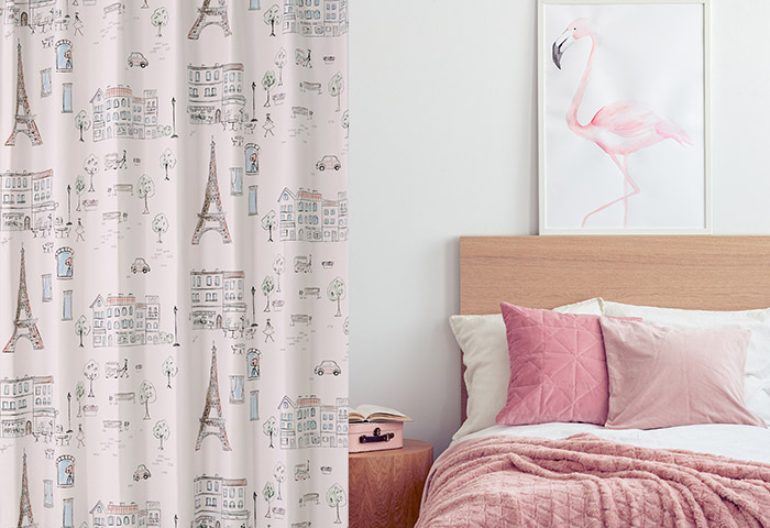 パリの街並みを描いたフェミニンな2級遮光カーテン パリの絵（D-8009）