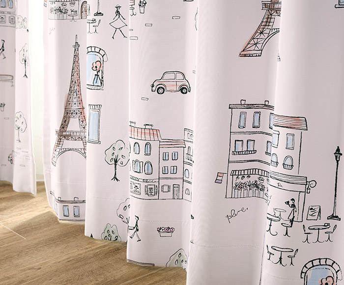 パリの街並みを描いたフェミニンな2級遮光カーテン パリの絵（D-8009）