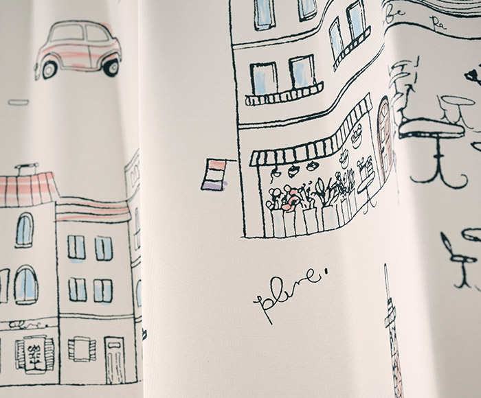 パリの街並みを描いたフェミニンな2級遮光カーテン パリの絵（D-8009）