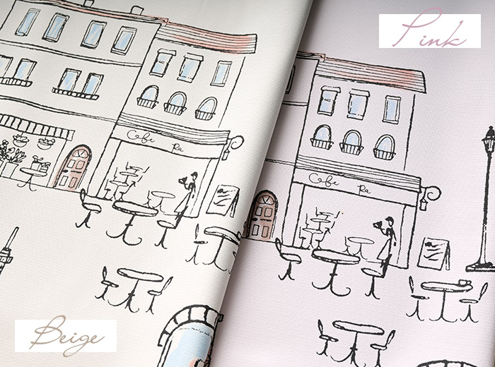 パリの街並みを描いたフェミニンな2級遮光カーテン パリの絵（D-8009）