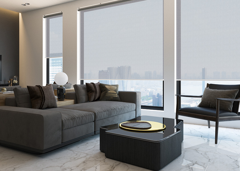 高級感のあるリビングにおすすめの「ロールスクリーン ソフィー(ベーネ)」の利用例の写真