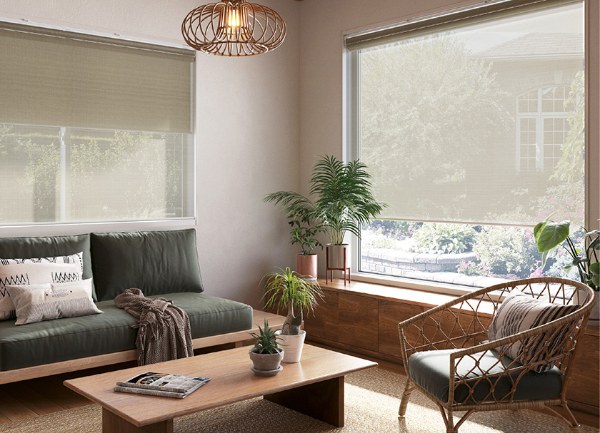 自然光を心地よく取り込む癒しのリビングにおすすめの「ロールスクリーン ソフィー(クオリア)」の利用例の写真