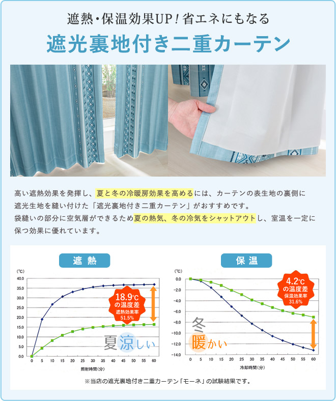 遮熱・保温効果UP！省エネにもなる「遮光裏地付き二重カーテン」