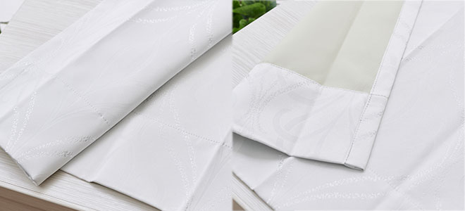 白地に2種類の織りで表現されたダマスク柄が美しい完全遮光カーテン　ラーツ