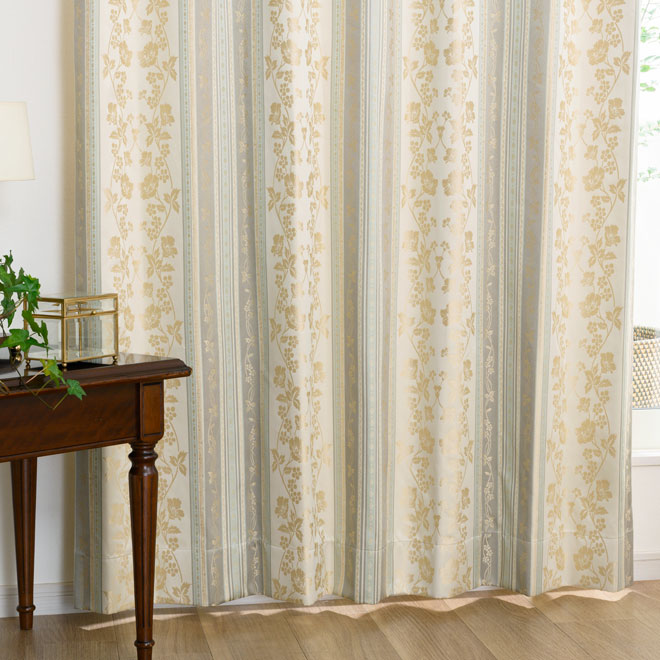 花柄ストライプのジャガード織カーテン遮光率100% 完全1級遮光カーテン ロイヤル（D-8001)