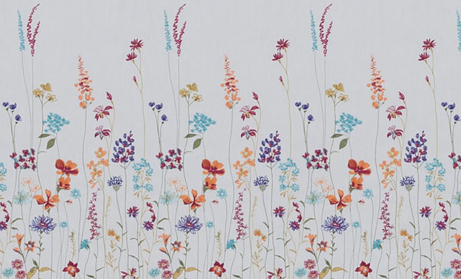 色とりどりの草花が立ち並ぶおしゃれな刺繍ボイルレースカーテン　フィール