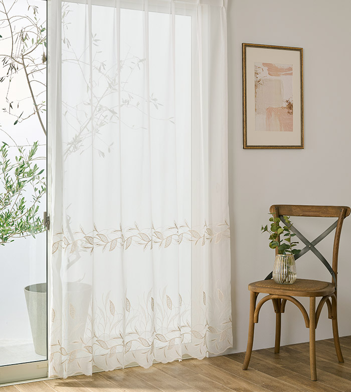 ナチュラルシャビーなリーフ柄がおしゃれなトルコ刺繍レースカーテン　ミルト（L-8205)