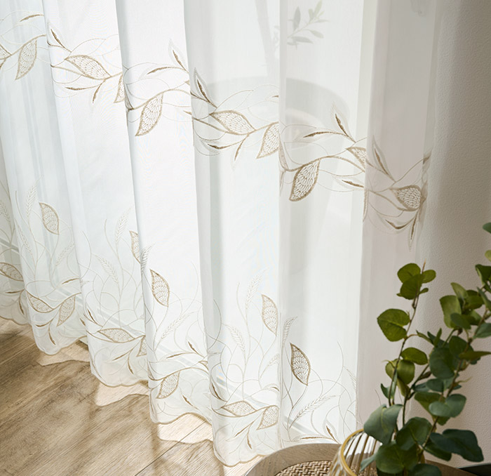 ナチュラルシャビーなリーフ柄がおしゃれなトルコ刺繍レースカーテン　ミルト（L-8205)