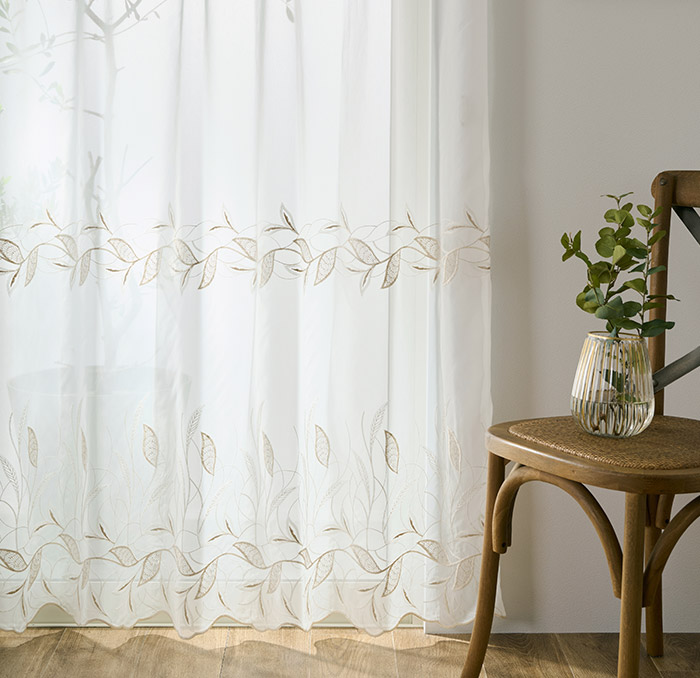 ナチュラルシャビーなリーフ柄がおしゃれなトルコ刺繍レースカーテン　ミルト（L-8205)